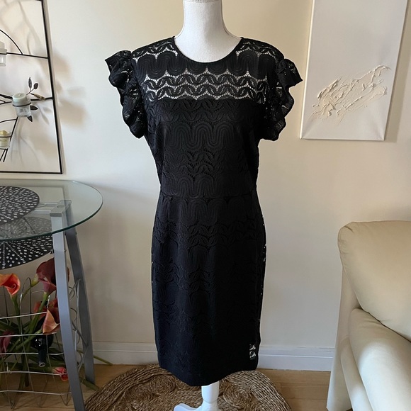 Trina Trina Turk Mai Tai Flutter Sleeve Lace Mini Little Black Dress Size 12 NWT - Picture 6 of 11